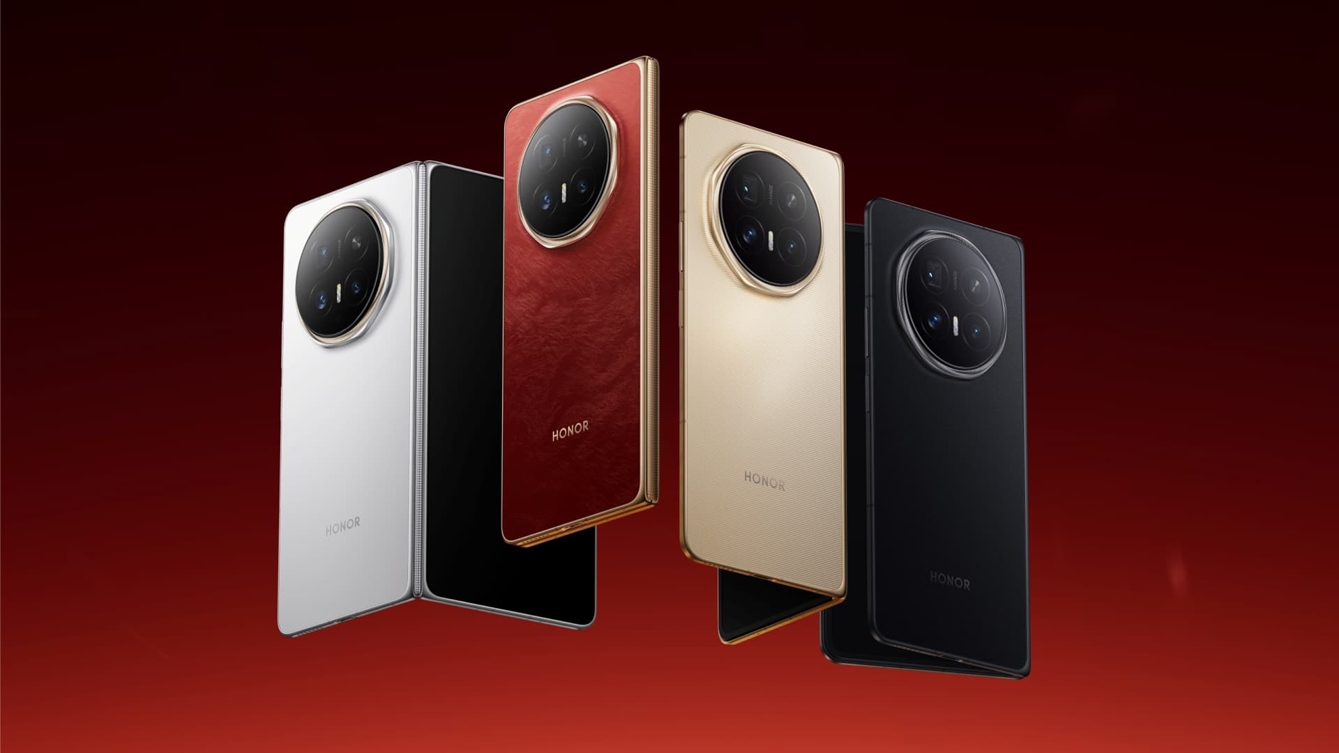 HONOR Magic V6 lineup in all four global colors: Ivory White, Ferghana Red, Sunrise Gold and Classic Black