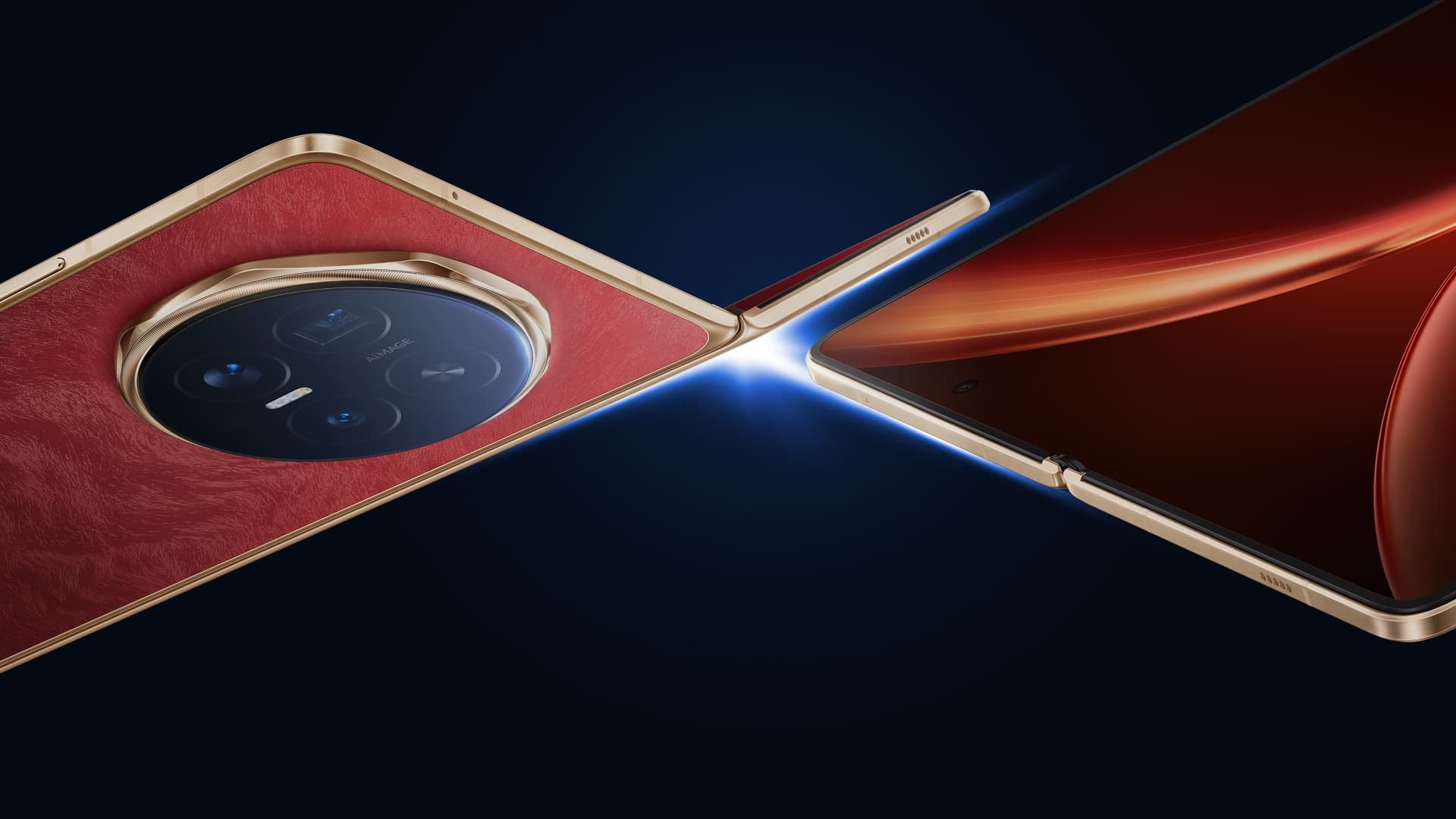 HONOR Magic V6 в цвете Ferghana Red, сложенный и полураскрытый