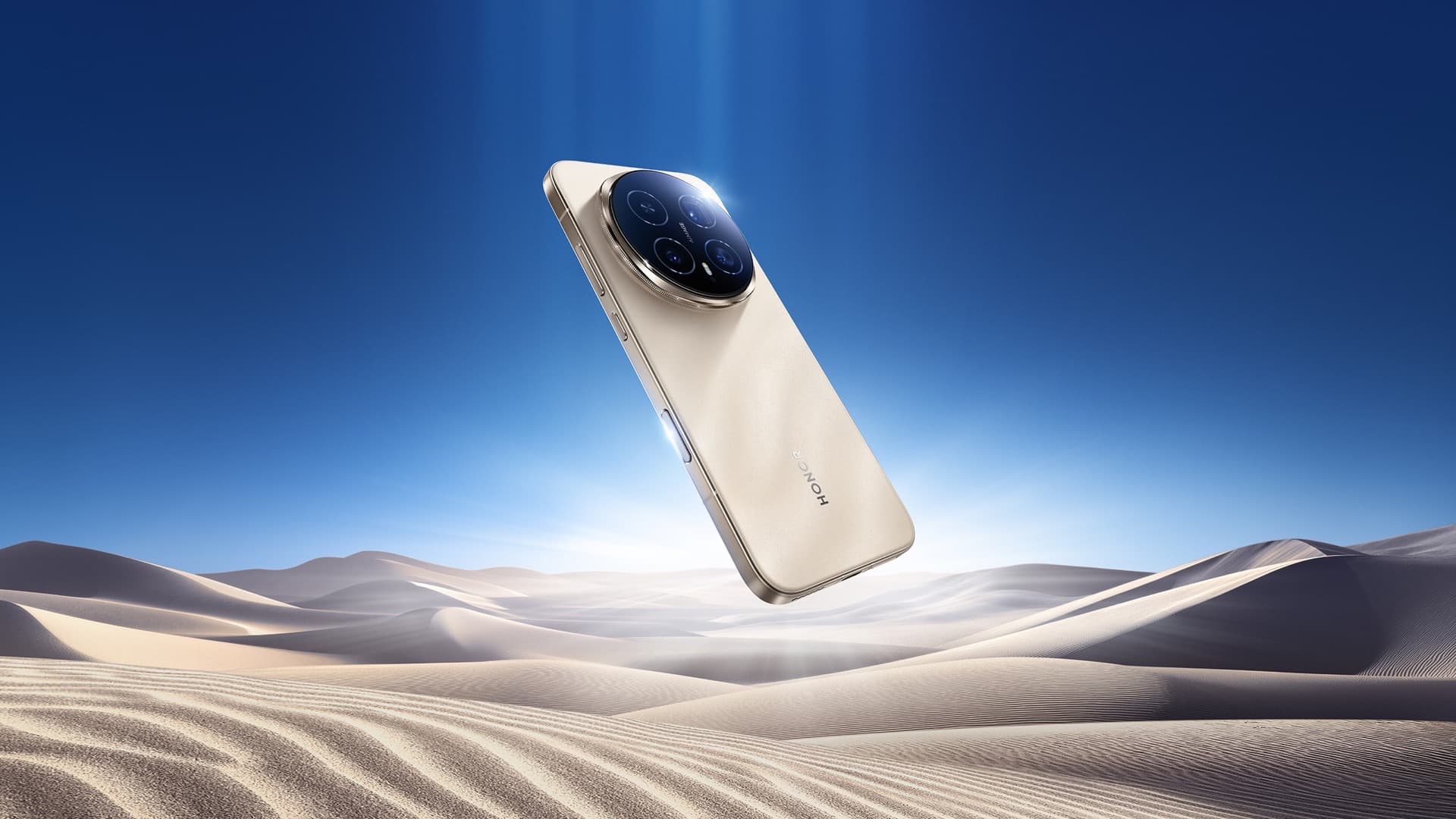 HONOR Magic8 Pro in Sunrise Gold über goldenen Dünen