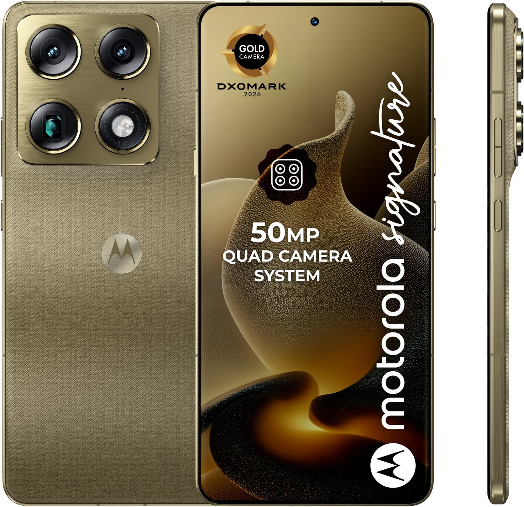 Motorola Signaturen neljän 50 MP:n kameran järjestelmä, edestä ja takaa värissä PANTONE Martini Olive