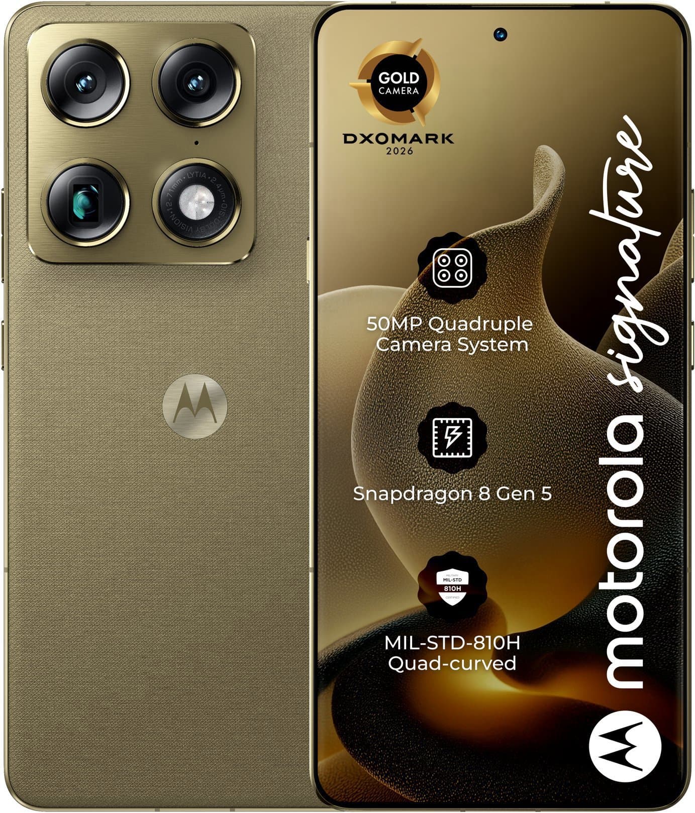 Motorola Signature värissä PANTONE Martini Olive, edestä ja takaa