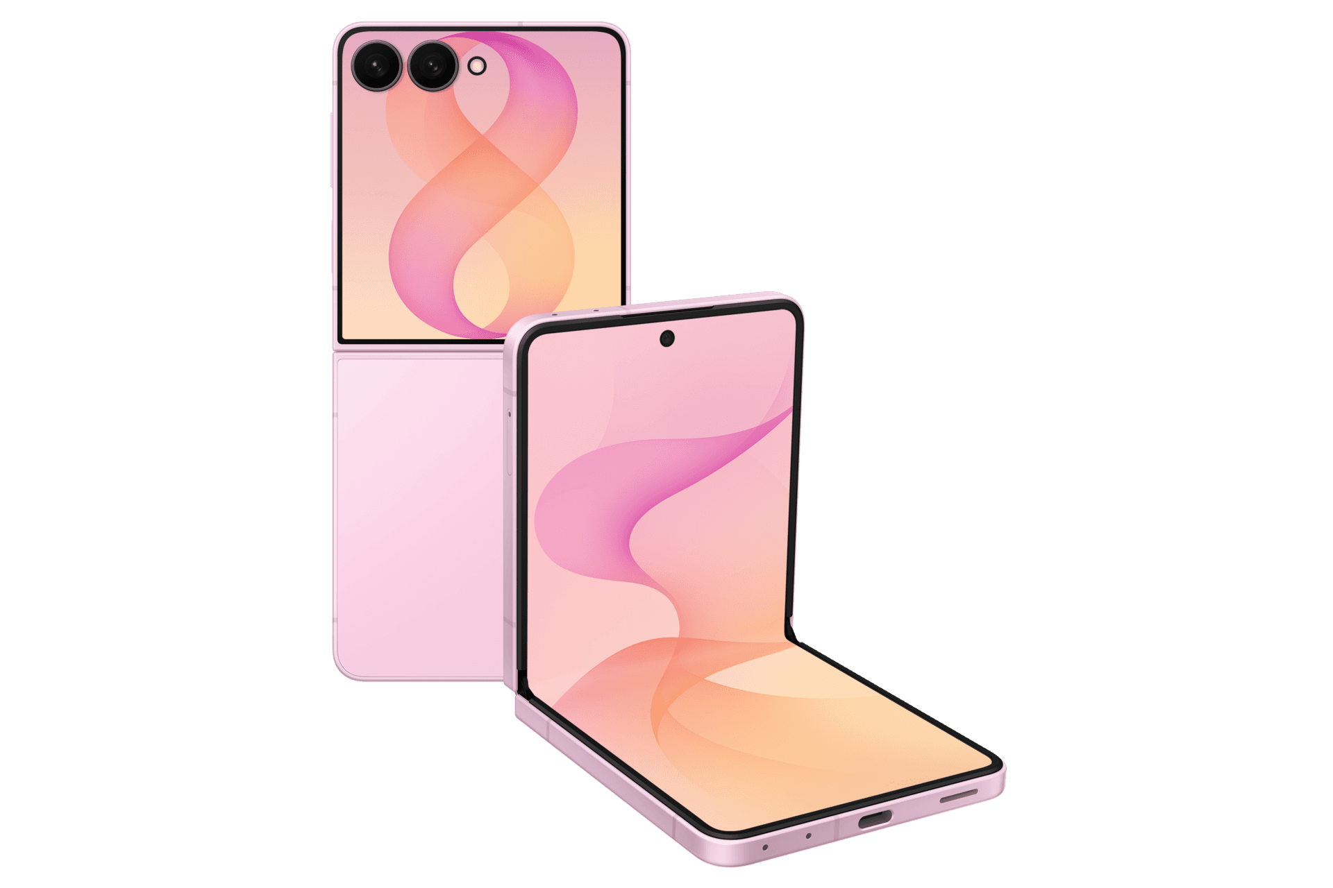 Samsung Galaxy Z Flip8 in Pink, one unit open and one closed showing the FlexWindow