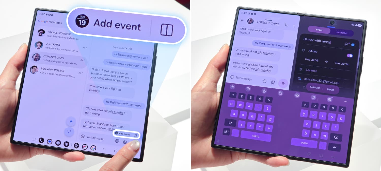 Messaging and calendar in split view on the Z Fold8 main display