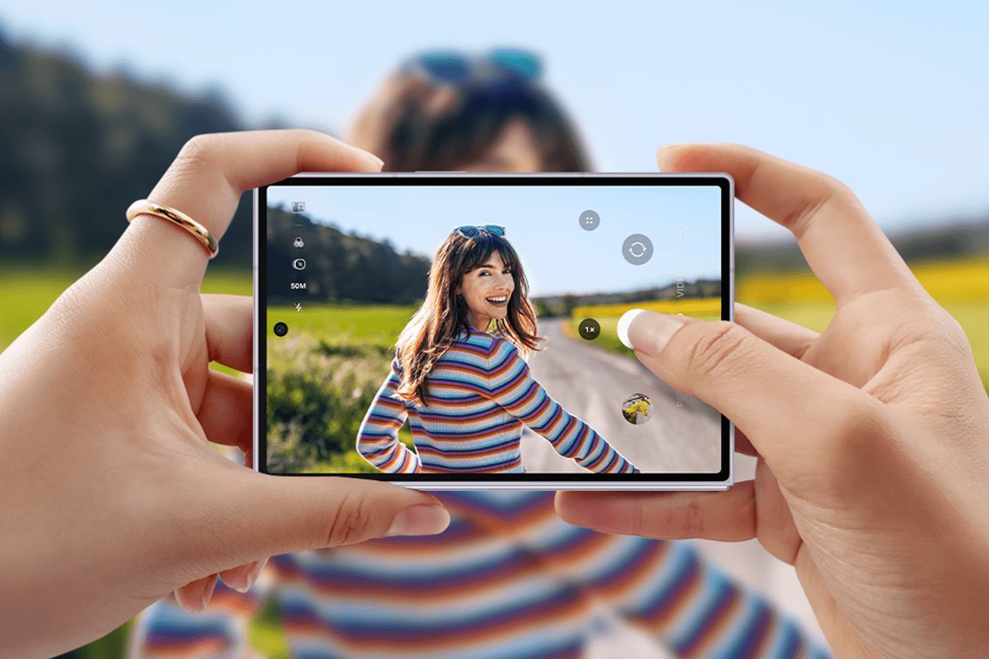 Unfolded Galaxy Z Fold8 held in landscape while shooting a photo