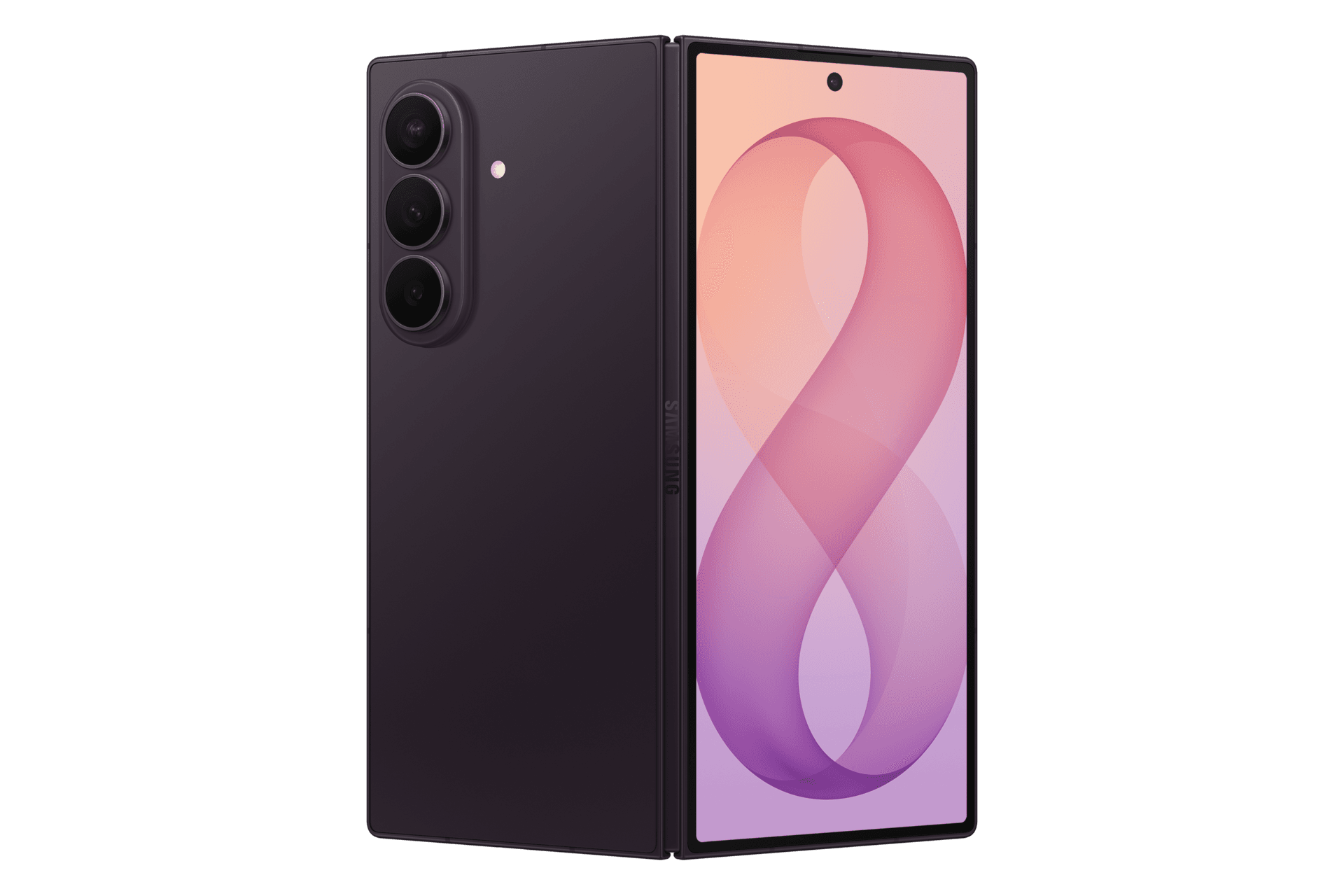 Samsung Galaxy Z Fold8 Ultra in Violet Shadow, opened, showing the rear cameras and inner display
