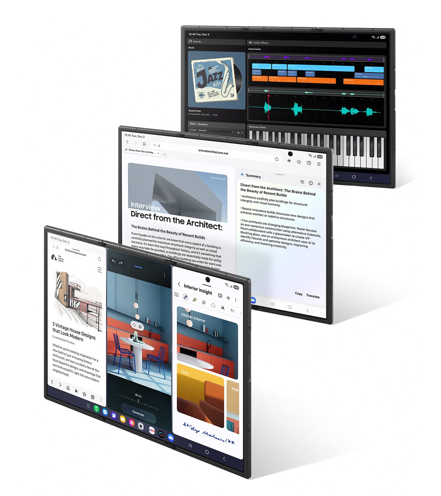 Three Galaxy Z TriFold units showing multi-window productivity on the 10-inch display