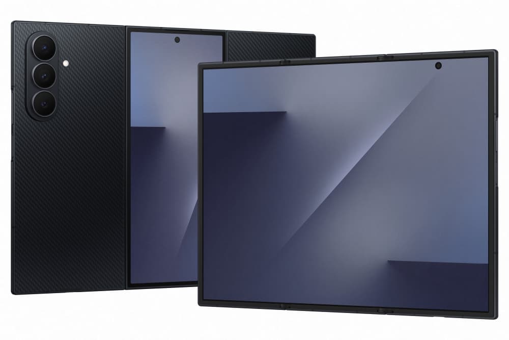 Galaxy Z TriFold in Crafted Black, folded and unfolded into the 10-inch tablet form