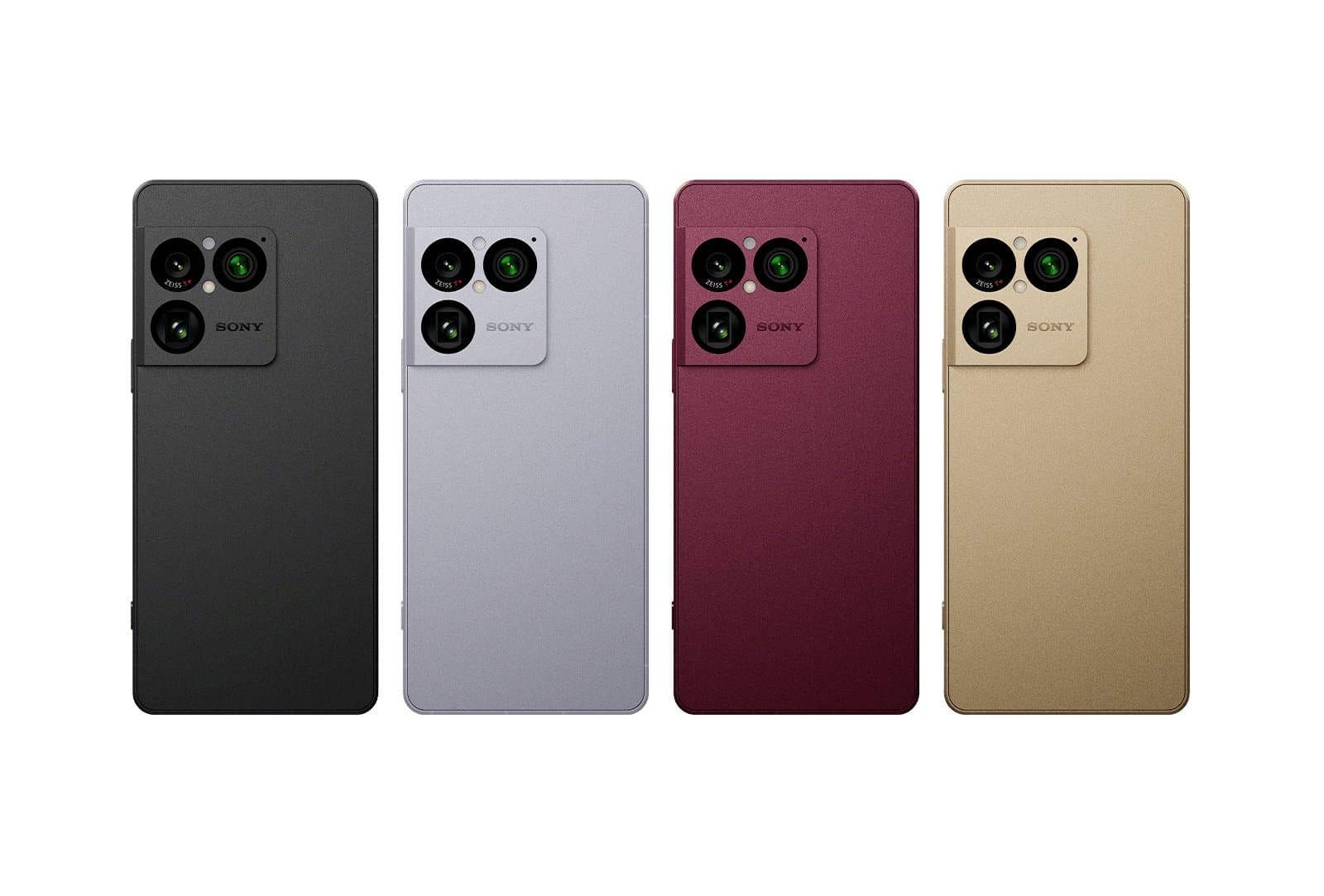 Všechny čtyři barvy ORE Sony Xperia 1 VIII zezadu: Graphite Black, Iolite Silver, Garnet Red a Native Gold