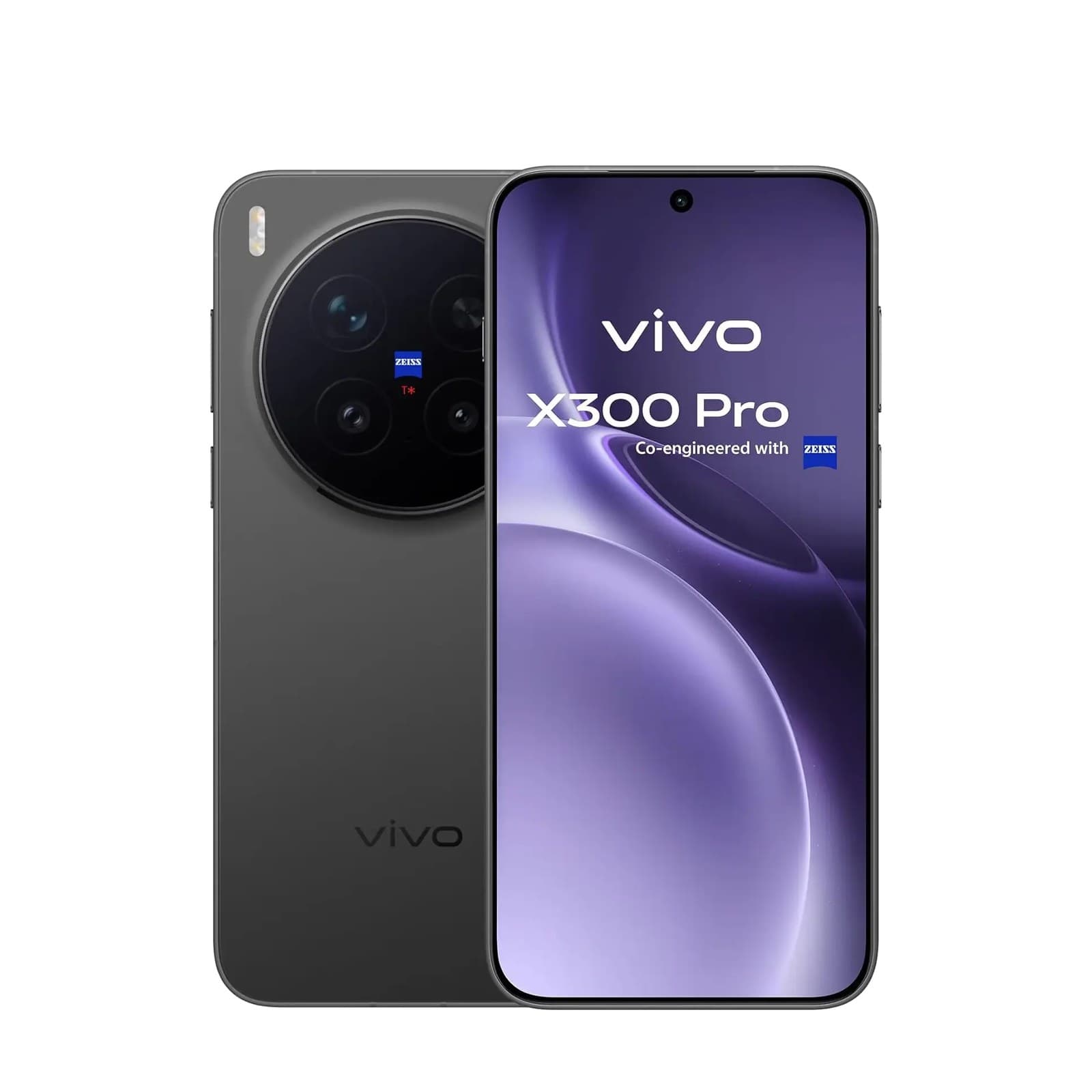 vivo X300 Pro v barvě Phantom Black, zepředu a zezadu