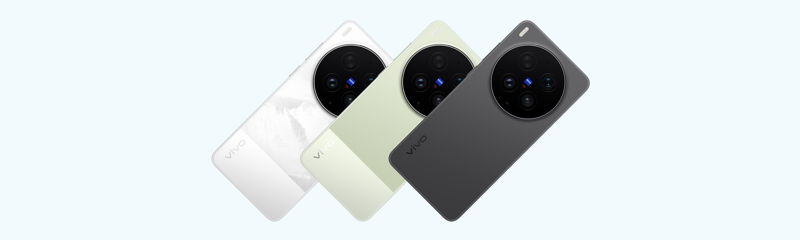 Three vivo X300 Ultra units fanned out โ Alpine White, Steppe Green and Volcano Black