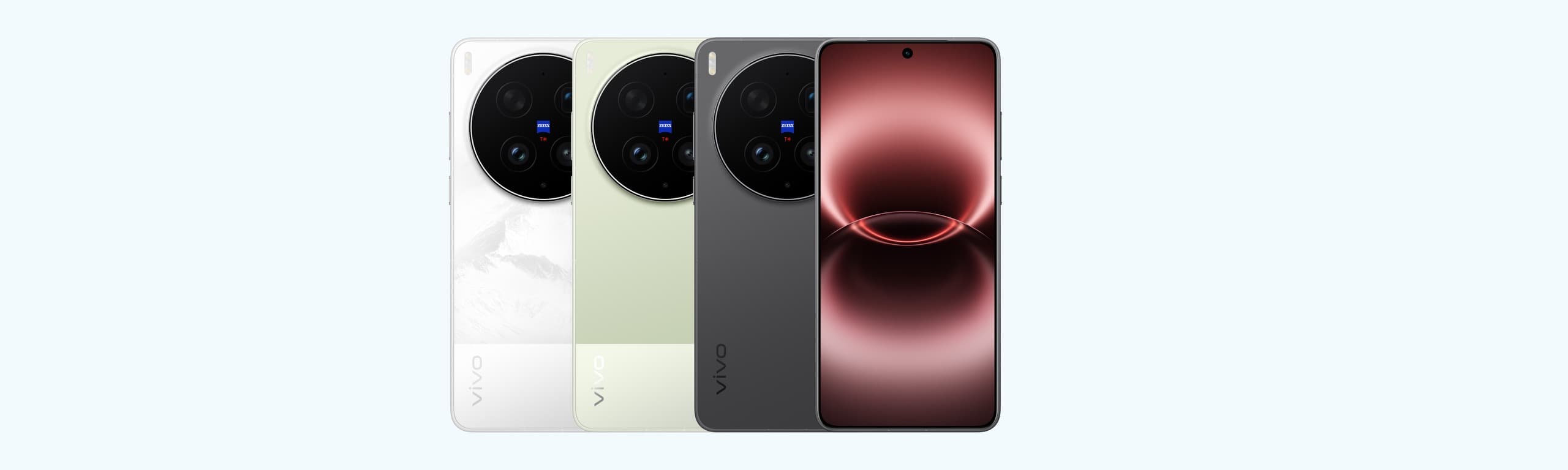 vivo X300 Ultra v barvách Alpine White, Steppe Green a Volcano Black, zezadu i zepředu