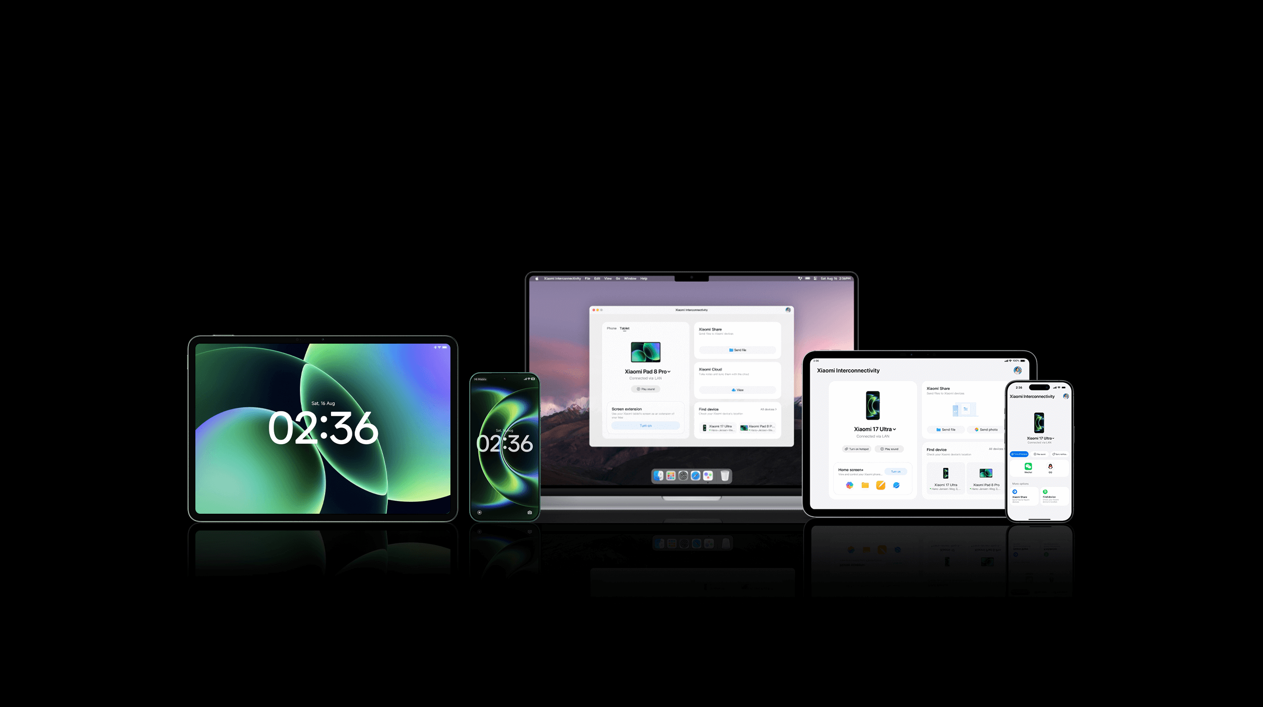 Xiaomi HyperConnect-økosystem — Xiaomi 17 Ultra forbundet til en tablet, en bærbar og andre enheder